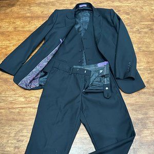 3 pc Sophisticated Teen Black Suit with Elegant Purple Satin Lining